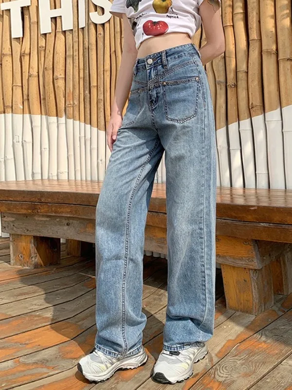 

Deep Blue High Waist Straight Leg Jeans Women's Summer Thin New Small Size Narrow Loose Wide Leg Pants Casual Cotton Jeans