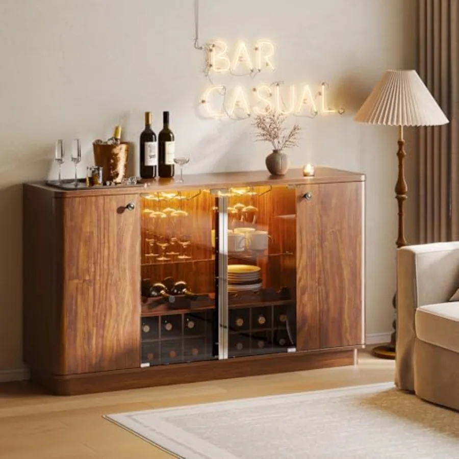 

Барный шкаф для кофе с LED-подсветкой, стеклянными дверцами, винный шкаф на 60 бутылок с полками для вина и регулируемыми полками для бокалов, цвет орех F