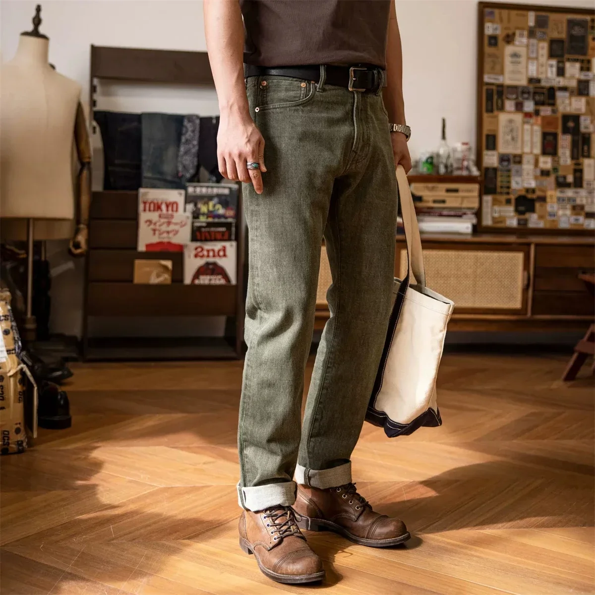 Vaqueros de corte recto regular para hombre Red Tornado en pantalones vaqueros con orejeras de estilo resistente verde