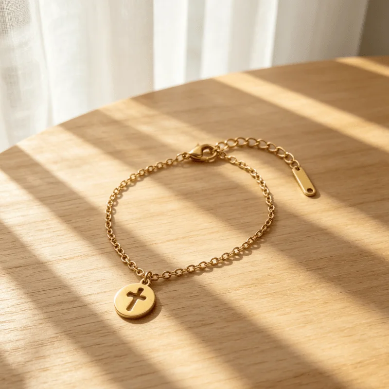 1Pcs stainless steel Golden anklet, cross chain + round light guardian cross, anti-fading, light luxury fashion elegant unisex,