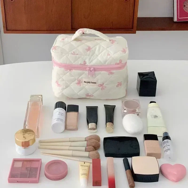 Borsa per organizer per trucco da donna con stampa coreana con fiocco Custodia per cosmetici dolce per articoli da toeletta da viaggio Borsa per