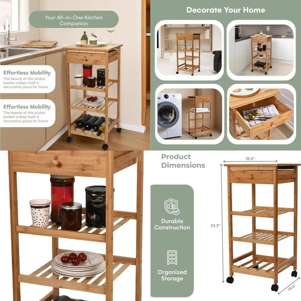 

Brown Wooden Kitchen Cart with Drawer & Basket - Compact Island for Small Kitchens - Additional Countertop and Spice Storage - M