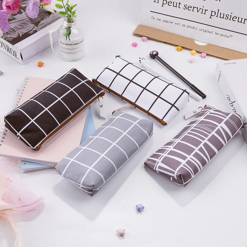 Canvas Geometric Pencil Case School Simple Striped Grid Solid Color Cute Kawaii Pencil Bag Pouch Office Students Kids Supplies