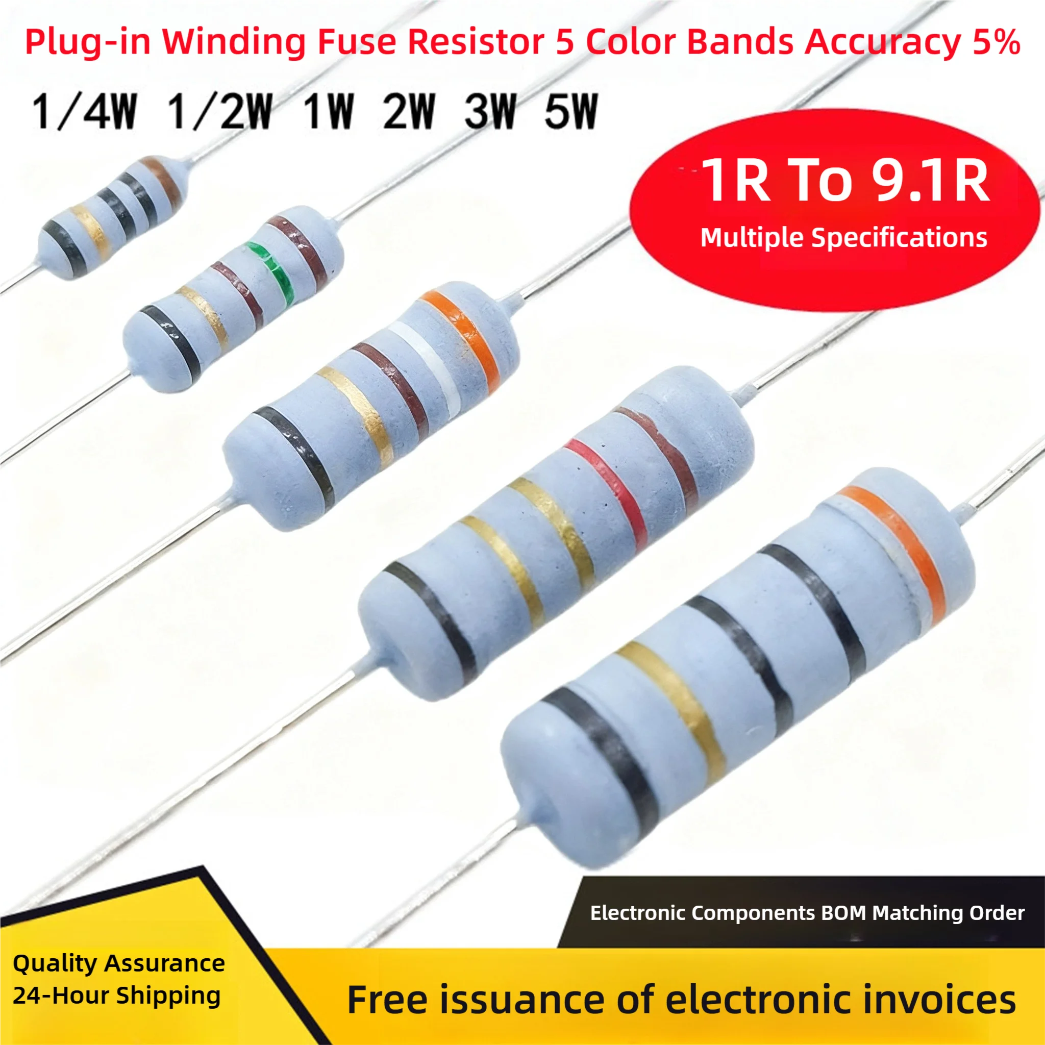 1/4W 0.25W Plug-In Winding Fuse Resistors, 5 Color Ring, Accuracy Of 5%, 1 R1. 52.23.34.75.16.87.58.29.1 R O