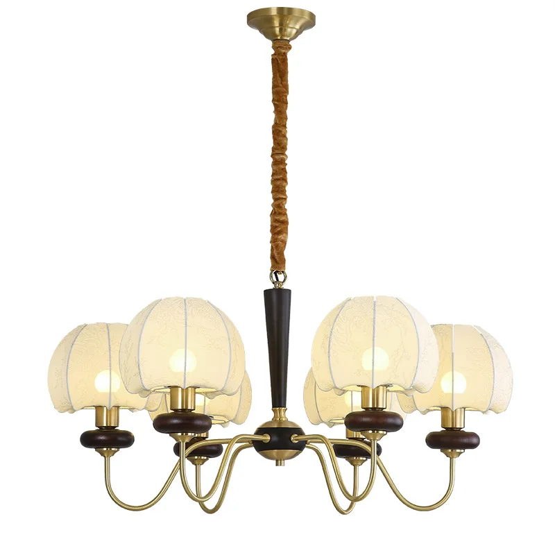 

Copper plus wood vintage style living room chandelier American vintage cloth cover dining room lamp bedroom lamp modern simple
