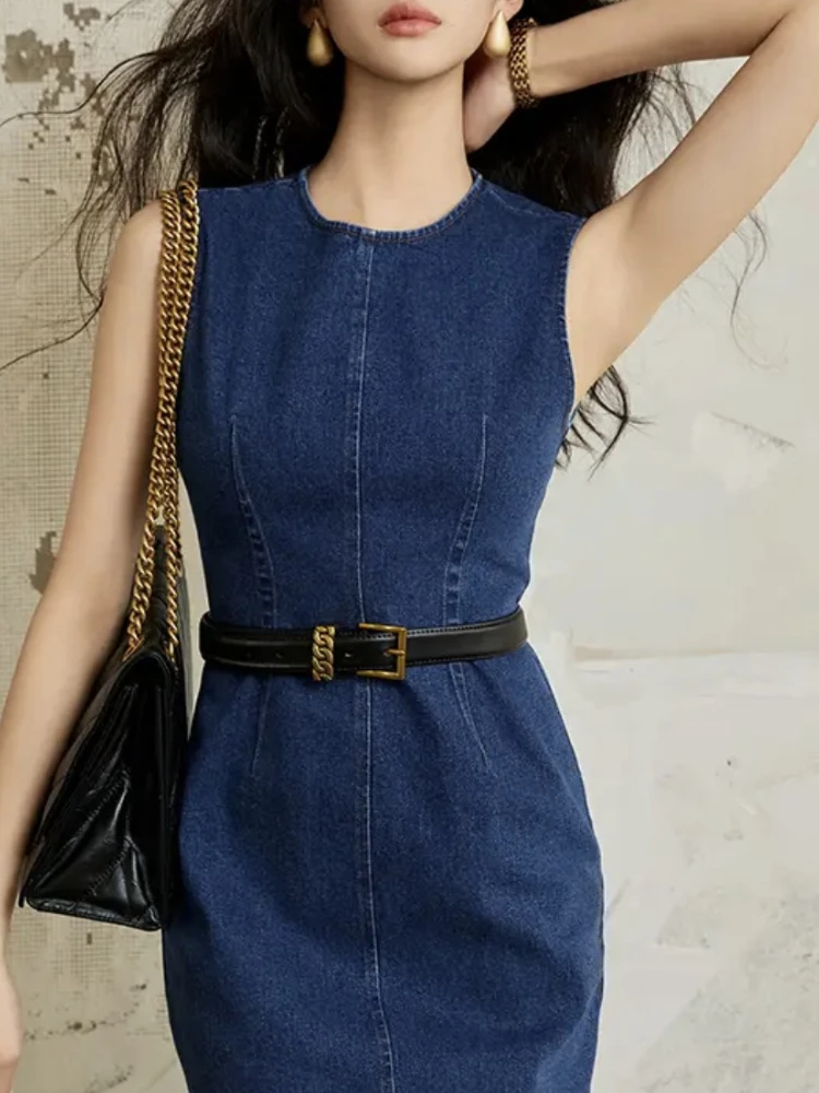 Robe mi-longue élégante, col rond, sans manches, cintrée à la taille, tendance, décontractée, vêtements de rue, nouvelle collection été 2025, pour femmes, coupe slim, en jean