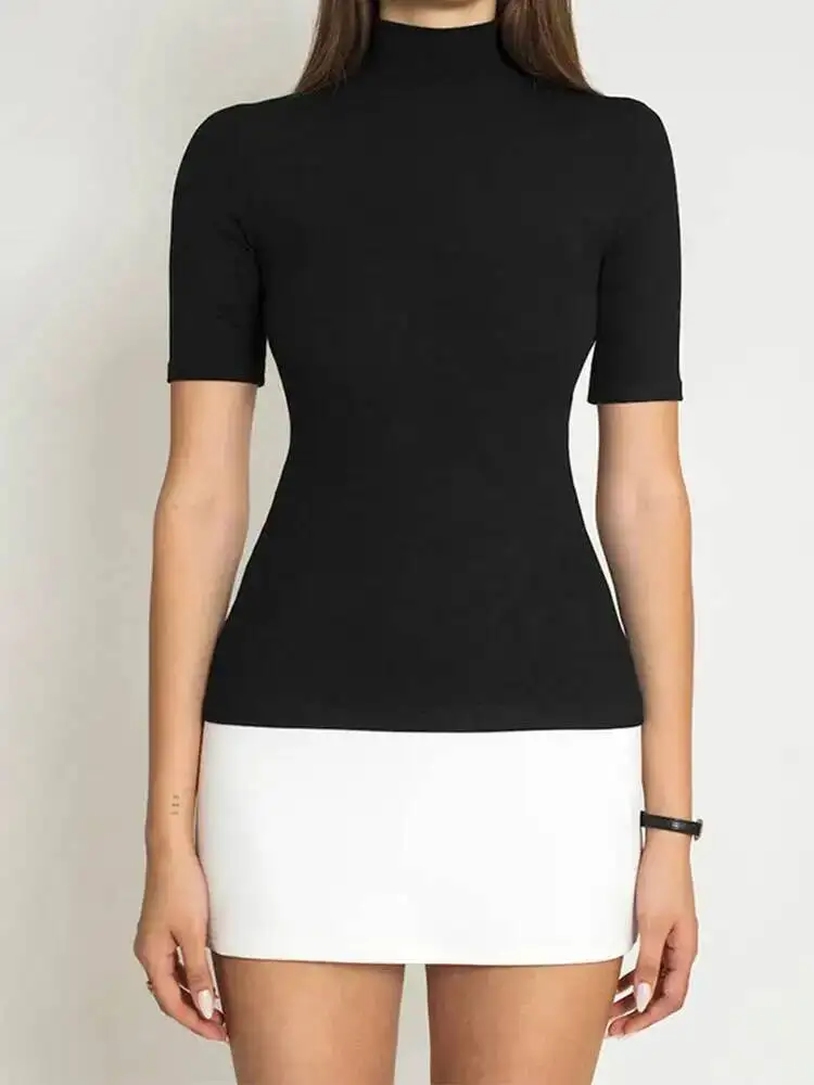 Summer  Turtleneck Half Sleeve Mini Dresses French Style Fashion Elegant Black And White Patchwork Bodycon Dress