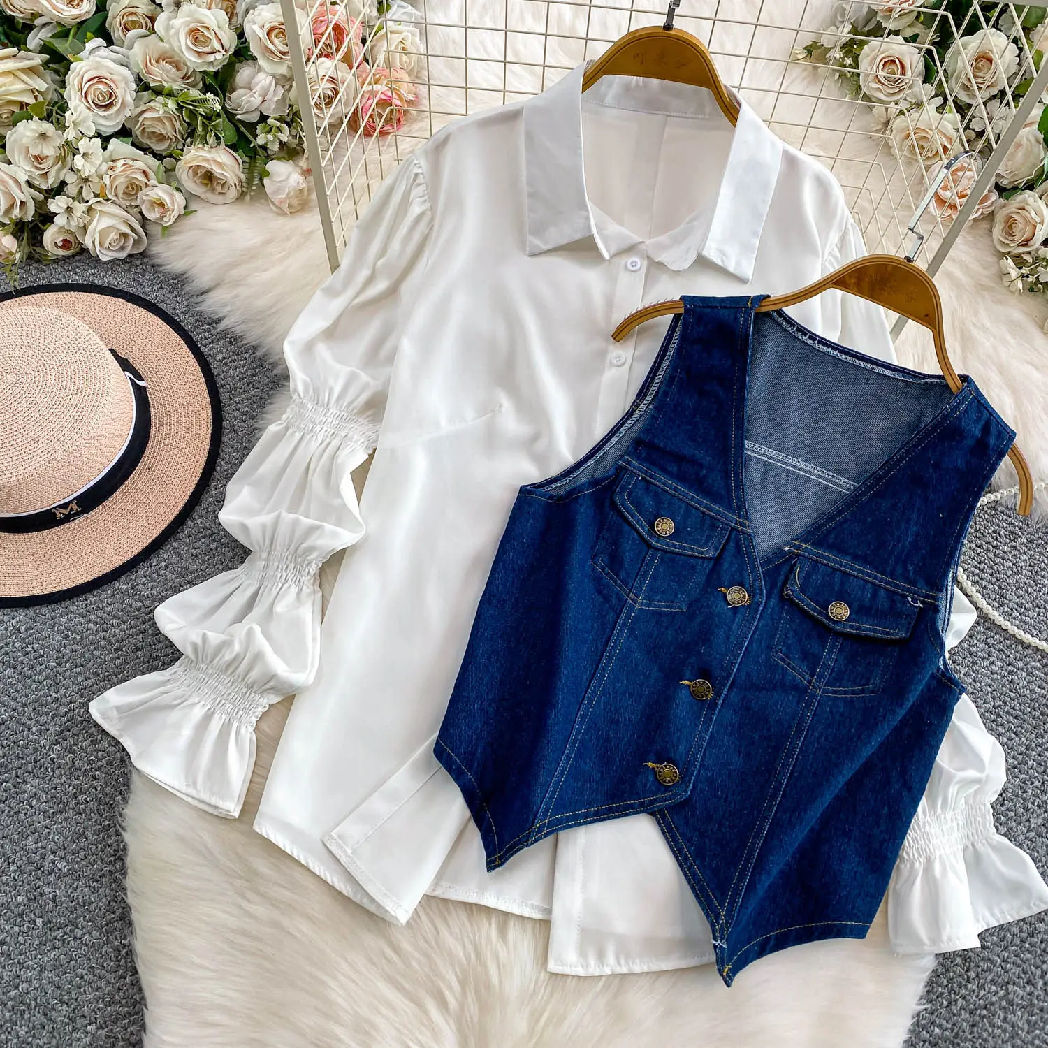 SuperAen Korean Style Office Lady Loose Lantern Sleeve Shirt Single-breasted V-neck Vest Denim Jacket Two-piece Sets