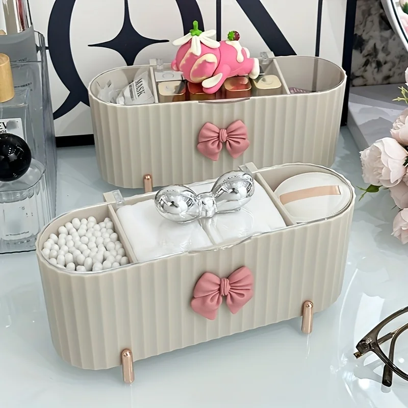 Three-Compartment Makeup Organizer Featuring Adorable Bow-Knot Design,Spacious Storage Box for Storing Swabs And Powder Puffs.