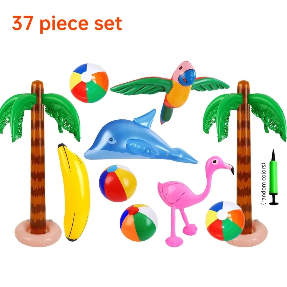 37 piece inflatable Hawaiian themed party set, including inflatable palm trees, inflatable banana beach balls, flamingo toys, flying parrots and dolphins, Hawaiian flower garlands, turtle back bamboo leaves, Hawaiian flowers, suitable for Hawaiian partie