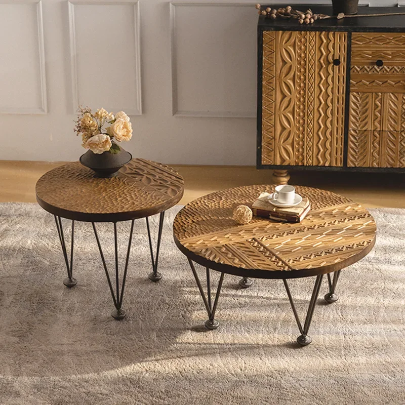 American retro solid wood small round table, bed and breakfast living room small coffee table size combination, home balcony