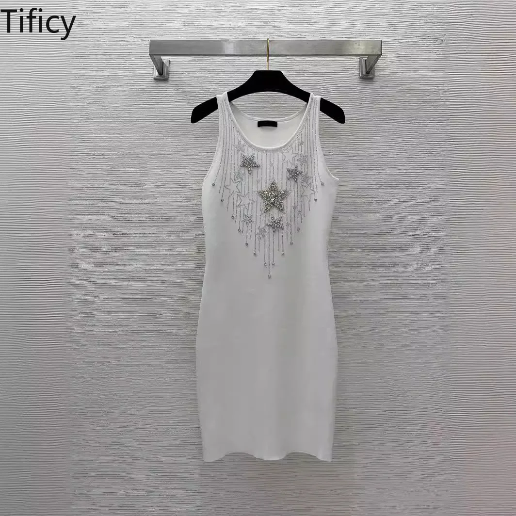 

TIFICY Summer New Women's Heavy Industry Tassel Hot Rolled Diamond Stereoscopic Diamond Nail Slim Fit Sleeveless Dresses Dress