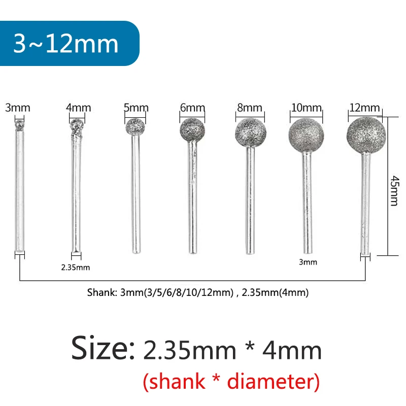 5Pcs 3/4/5/6/8/10mm Diamond Spheroid Ball Burr Grinding Engraving Bit 2.35/3mm Shank Head for Dremel Rotary Tools 60 Grit