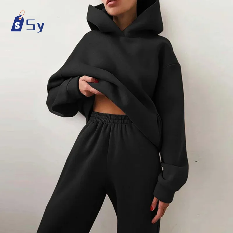 Sy 2024 New Autumn/winter Women\'s Sportswear Set Fashion Warm Hoodie Sweatshirt Two Oversized Casual Hoodie Pullover Pants Suit