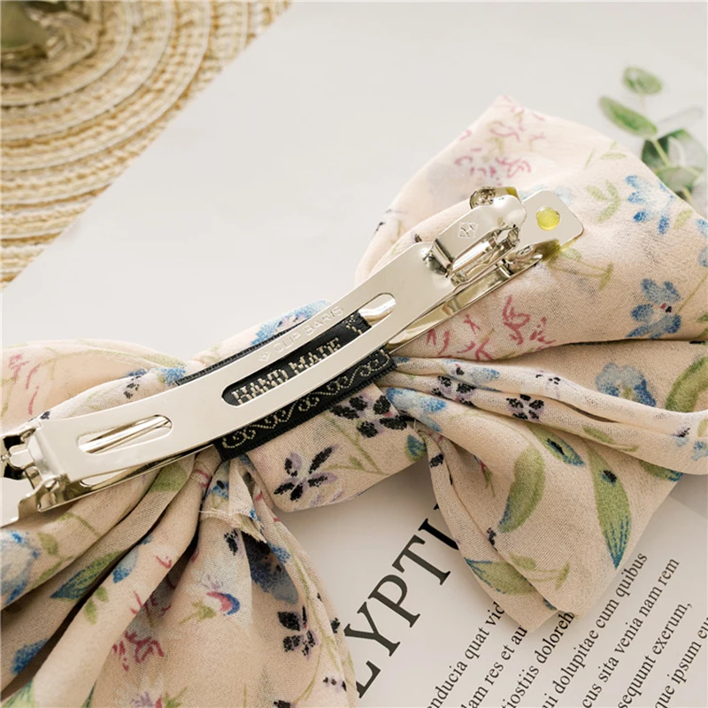 Factory Wholesale Fashion Hair Accessories Big Double Chiffon Print Fabric Bowknot Hairpins For Woman Girls