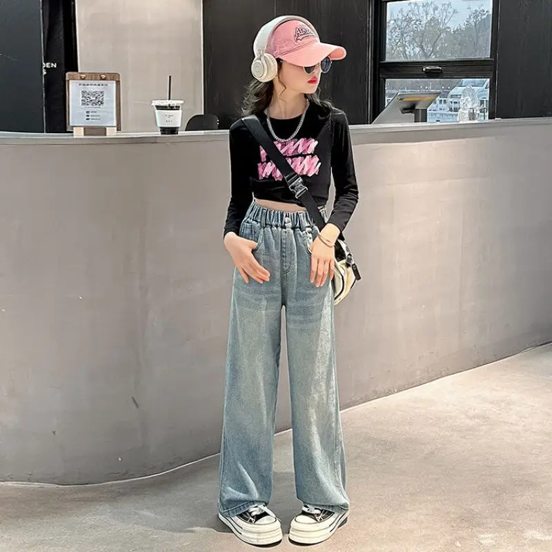 في سن المراهقة الفتيات الجينز الأطفال ربيع الخريف واسعة الساق الدنيم السراويل موضة جديدة للأطفال المطرزة الجيب الخلفي مستقيم بنطلون عادية