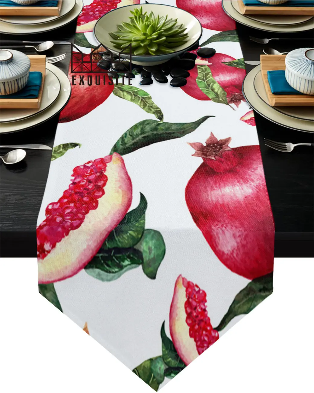 Summer Fruit Red Pomegranate Green Leaf Table Runner Table Art Home Party Country Wedding Decoration Tablecloth Table Runners