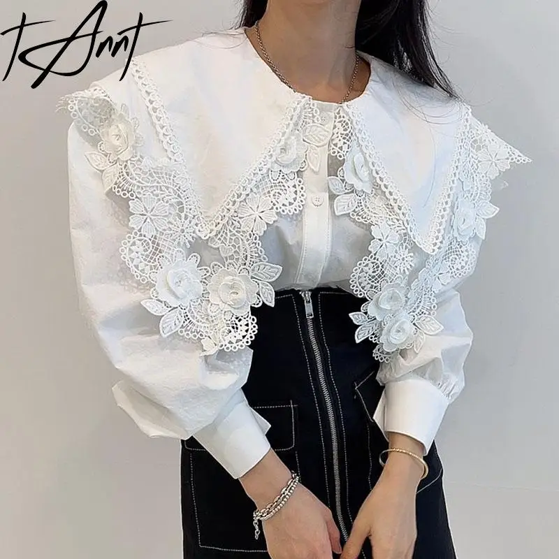 

TANNT Women Shirt 2024 Autumn Vintage Double Layer Collar Three Dimensional Hollow Out Lantern Sleeve White Blouse Top For Women