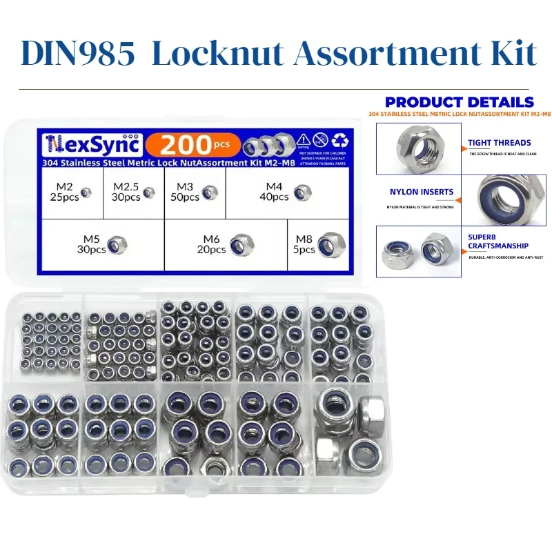 200 Stück DIN985 Sechskant-Nyloneinsatz Selbstsichernde Mutter Nylock Sicherungsmutter Sortiment Kit Set 304 Edelstahl M2 M2,5 M3 M4 M5 M6 M8