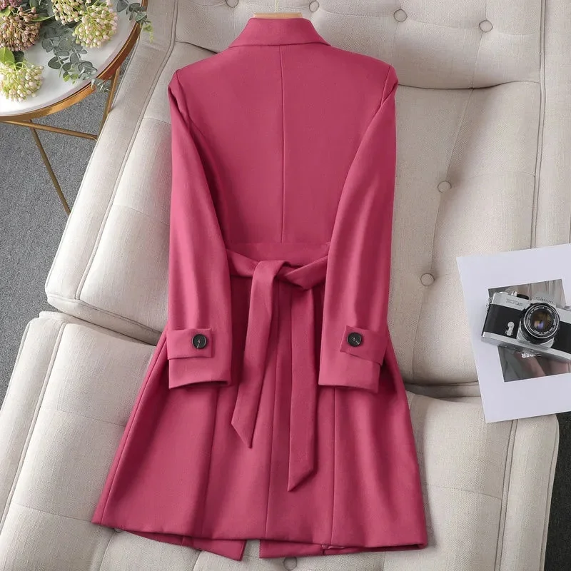 2023 Women‘s Suit Jacket Autumn Fashion Chic Double Breasted Suits With Belt Office Long Blazer for Women Elegant Outerwear 4XL