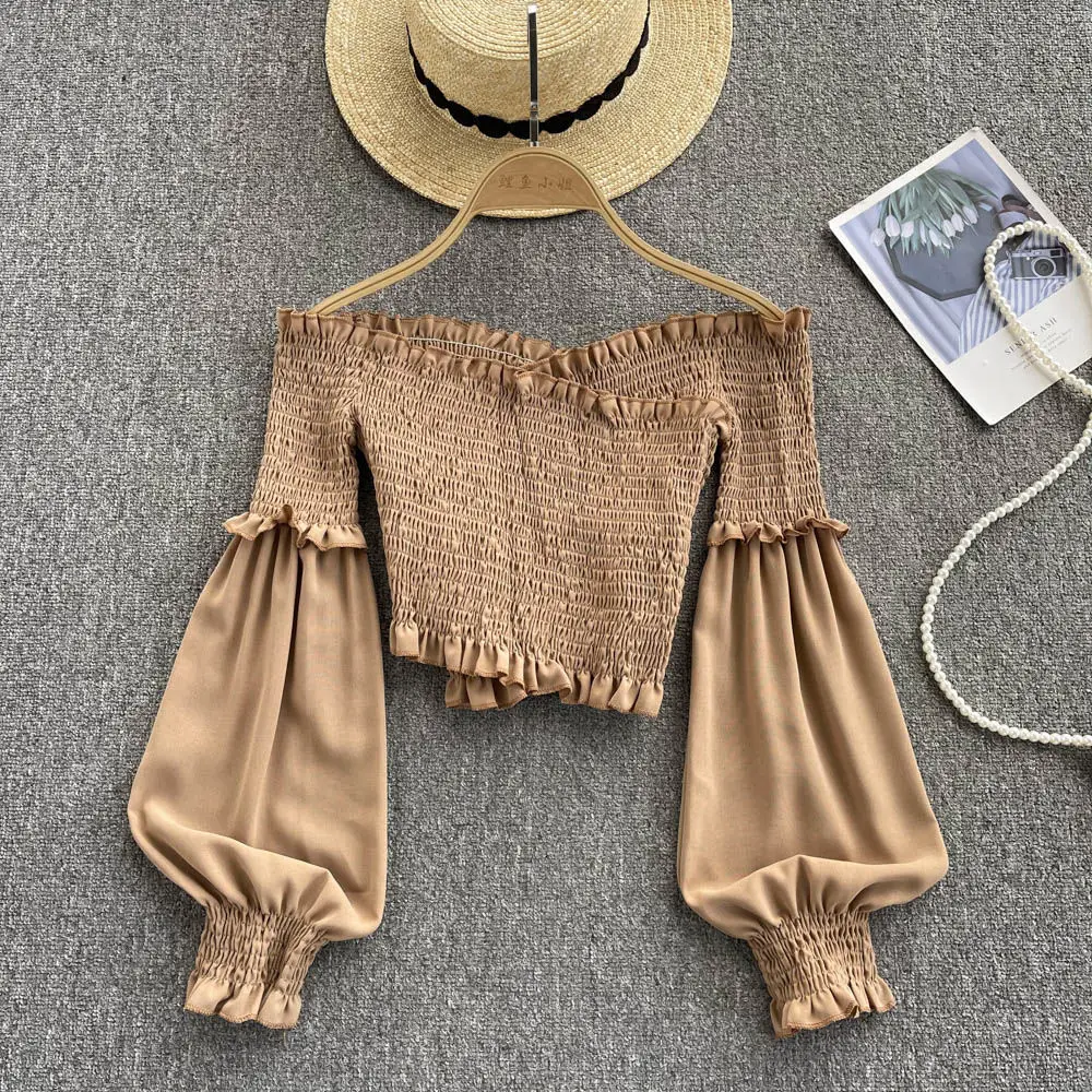 Sexy Slash Neck Ruffle Short Tops Women Elegant Off Shoulder Lantern Long Sleeve Slim Blouse Female Fashion Shirt Spring Summer