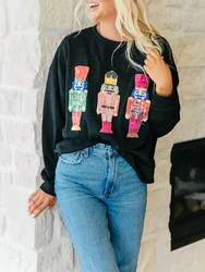 Dames lelijke kerstsweater met pailletten en notenkraker, schattig vakantie-grafisch T-shirt met ronde hals en lange mouwen