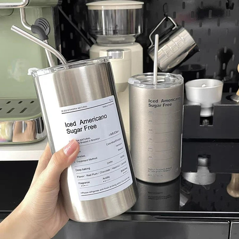 600ml Coffee Cup Stainless Steel Thermal Water Bottle with Straw Ice American Coffee Mug Double-layer Vacuum Flask Cup