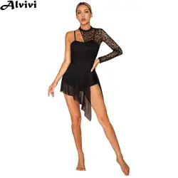 Women Lyrical Dance Dress One Shoulder Long Sleeve Sheer Lace Split Mesh Leotard Tutu Dresses Ballet Figure Skating Dancewear