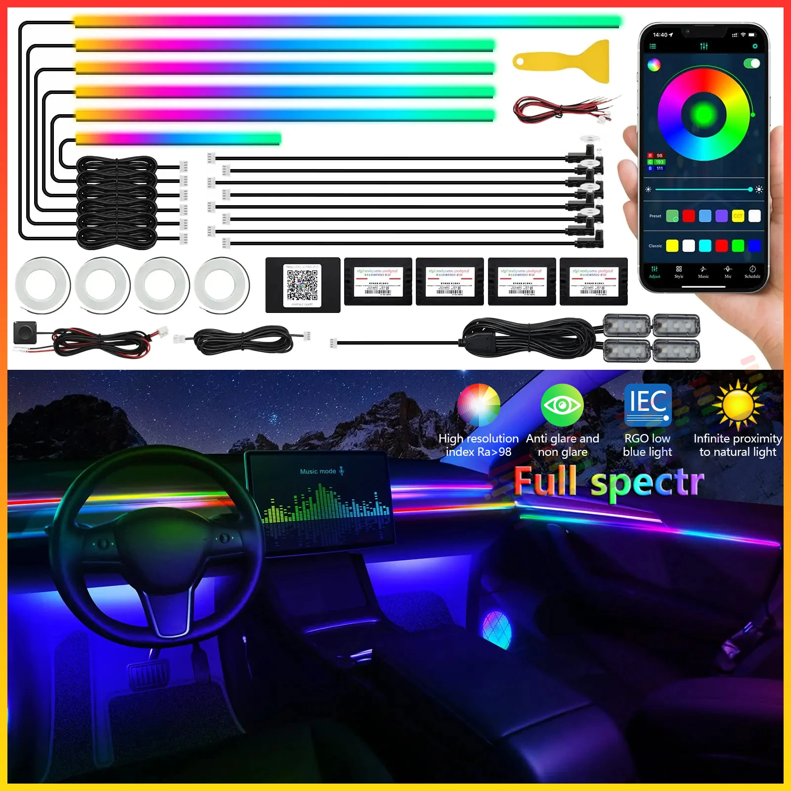 22 In 1 Universal Neon Lamp Ambient Light For LED Interior Car Usb Acrylic Guide Fiber Strip Decoration kit Light App Control