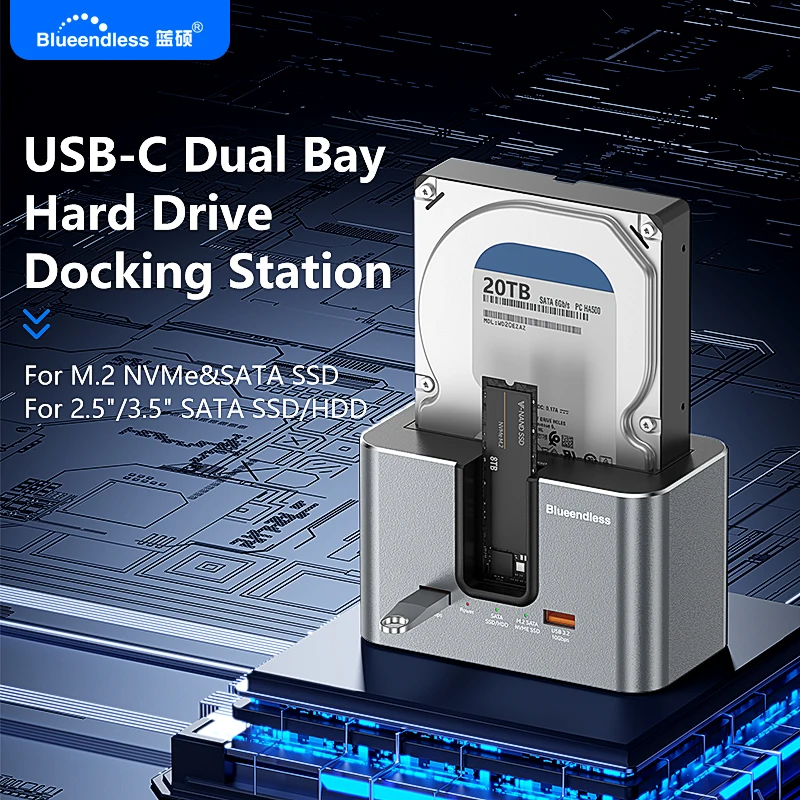 

Blueendless SSD HDD Docking Station for Multi M.2 PCIE NVME & m2 SATA & 2.5"/3.5" SATA SSD/HDD with USB3.2 HUB HDD/SSD enclosure