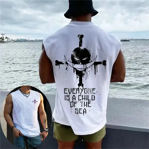 One Piece Men Vest Tank Top Whitebeard Pirates' Jolly Roger Summer Anime Spring And Autumn Sports Fitness Sleeveless Top GYM
