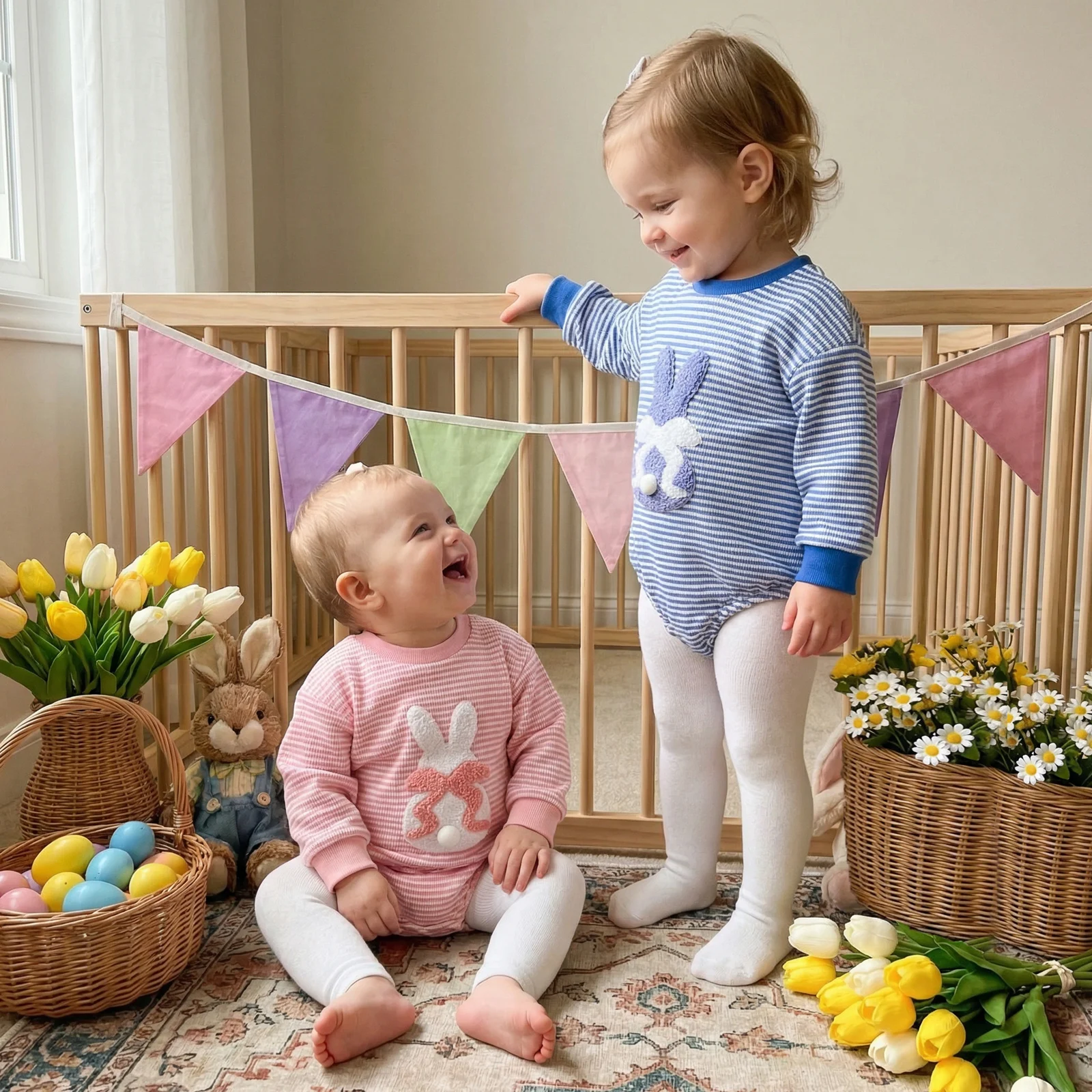 

FOCUSNORM 0-18M Lovely Baby Boys Girls Easter Romper Long Sleeve Crew Neck Bunny Embroidery Cute Spring Jumpsuit