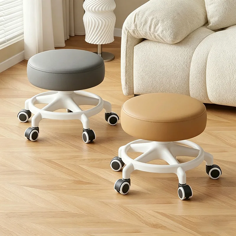 360° Rotation Small Stools Household Wheeled Low Stools Sofa Stool PU Leather Round Chair Mobile Rolling Stools For Home Office