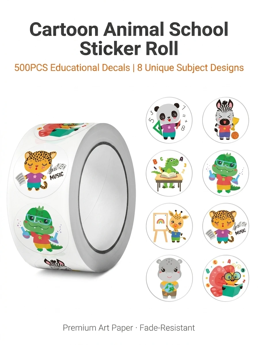 1Roll(500Pcs) Learning Animals Reward Stickers for Students 1.0'' Round 8 Designs Decal Diy Adorn Gifts Package Home Decoration