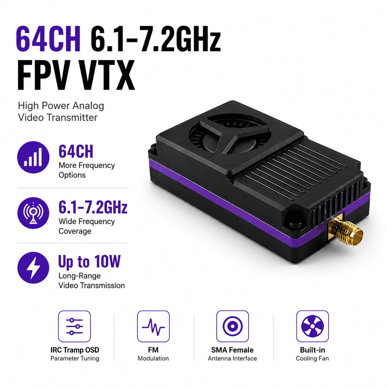 Long Range High Power FPV VTX Video Transmitter 6.1G-7.2GHz 64CH 10W Adjustable Power with CNC Shell for Racing FPV