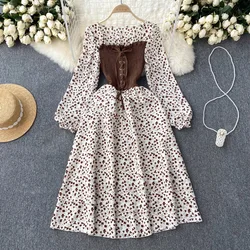 French Style Long Sleeve Dress Women Fashion Square Collar Bandage Contrast Women's Dresses A-Line Ruffles Mid-Length Dress