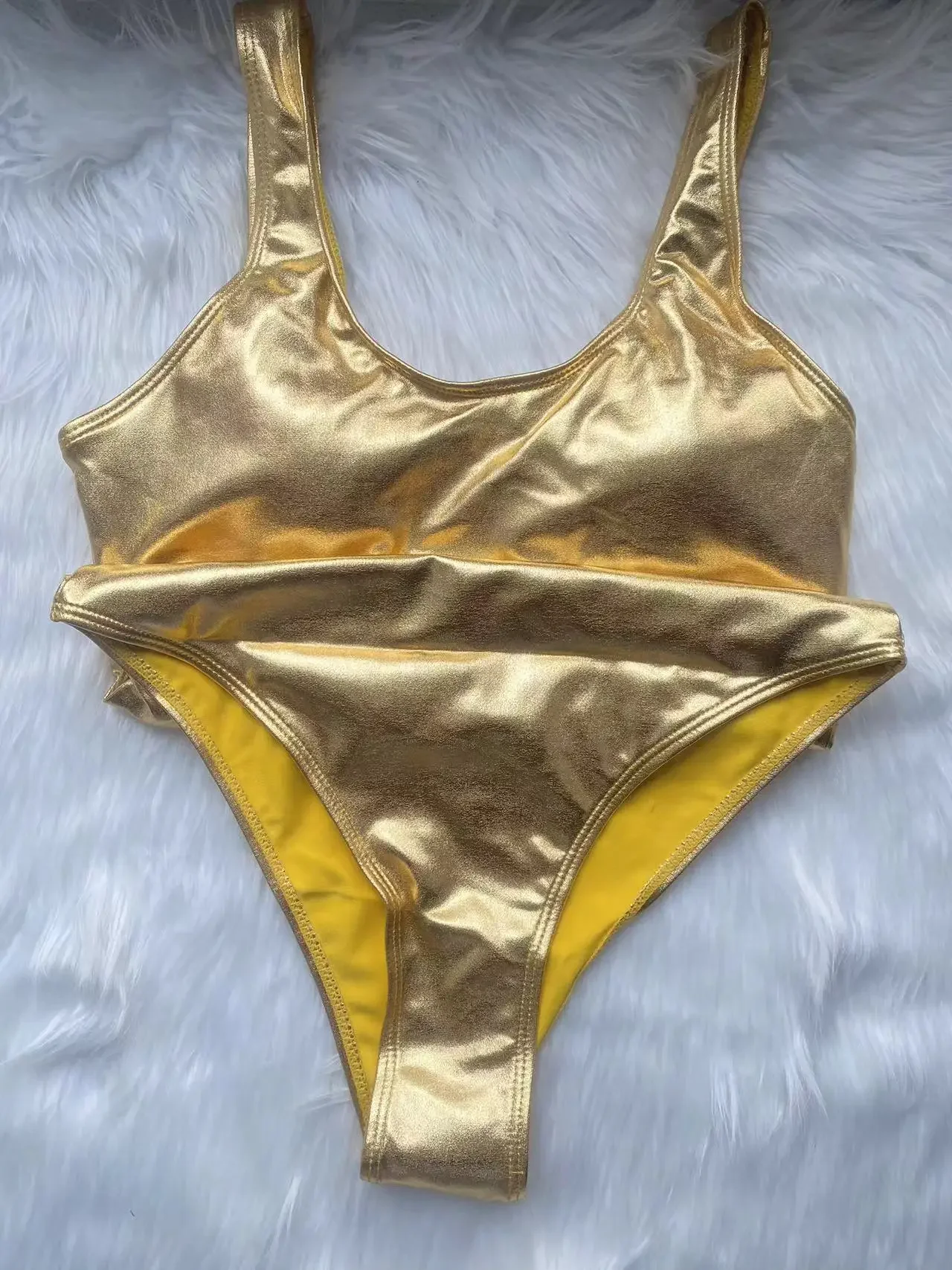 Maiôs brilhantes de uma peça, feminino, dourado, prateado, metálico, couro, gola redonda, conjunto de biquíni para mulheres, verão, trajes de banho, moda praia