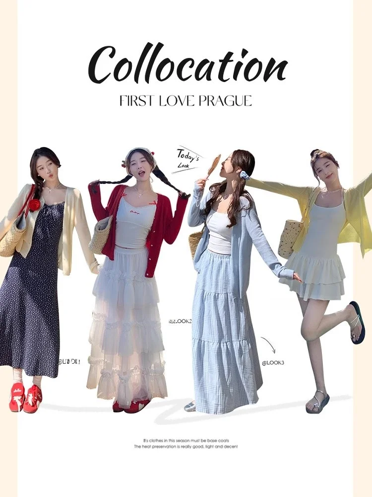 

Red Summer Thin Ice Silk Women's Knitted Cardigan Sun Protection Outerwear Sweet Sle Regular Fit Long Sve Casual Top