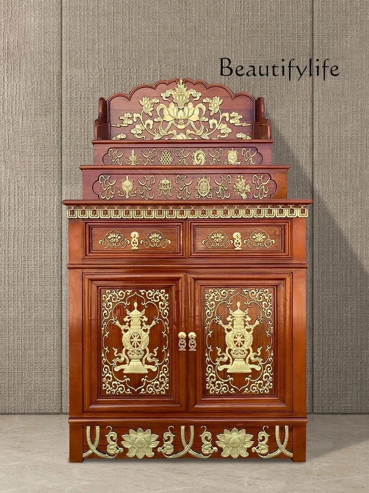

Buddhist shrine offering table Solid wood shrine Household God of Wealth Bodhisattva vertical cabinet Tibetan three-layer