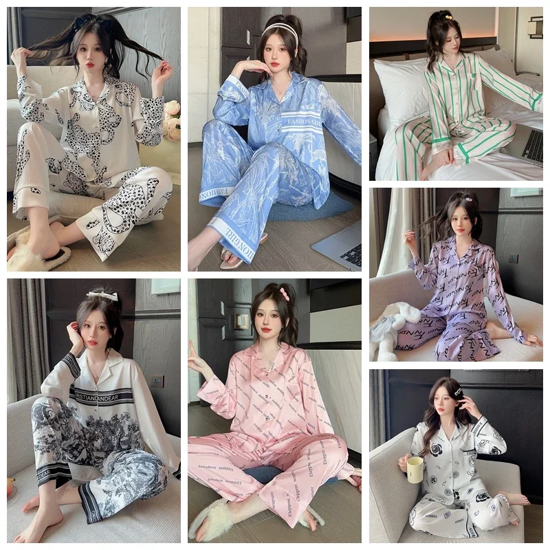 Autumn Women\'s Pajamas Set Thin Ice Silk Long Sleeve Sleepwear Home Loose Pyjamas Pants 2 Piece Set Button Lounge Nightwear