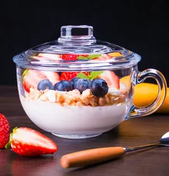 Tempered glass household with lid, fruit salad bowl with handle, breakfast bowl, soup bowl