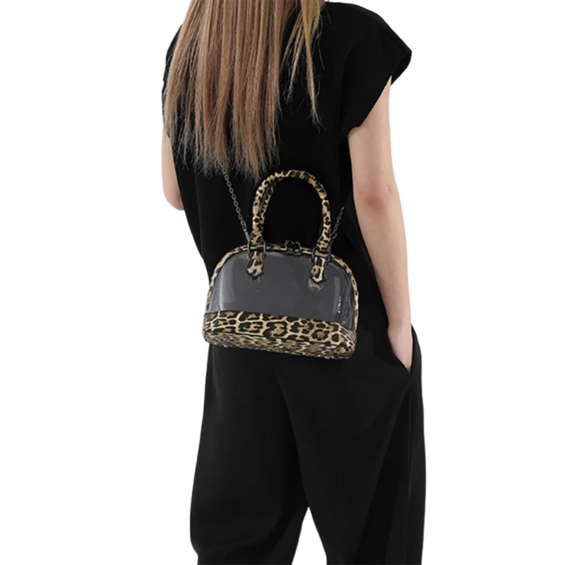 Bolso cruzado PVC transparente con asa superior E74B para mujer, bolso hombro con adorno leopardo en forma concha,