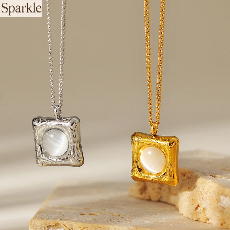 

Square Cat's-eye Stone Stainless Steel Pendant Necklace For Women Girls New Fashion Luxury Jewelry Gifts Charm Necklace Chain