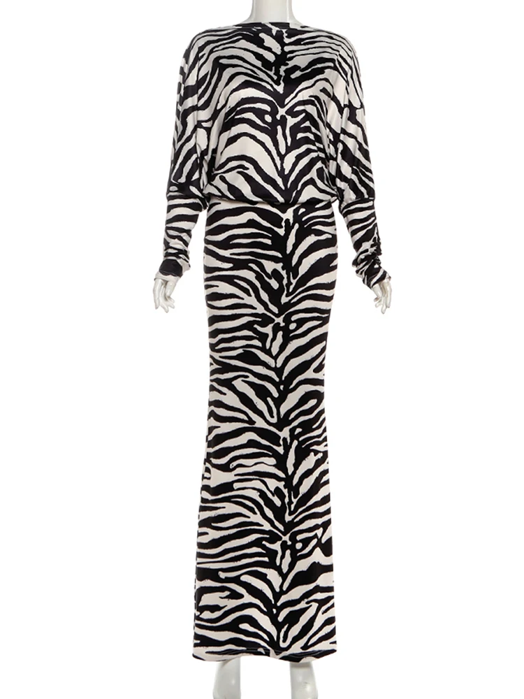 Whatiwear Sexy Backless Long Dress Woman Zebra Stripe o-Neck Full Sleeve High Waist Robe Midnight Prom Party Elegant Vestidos