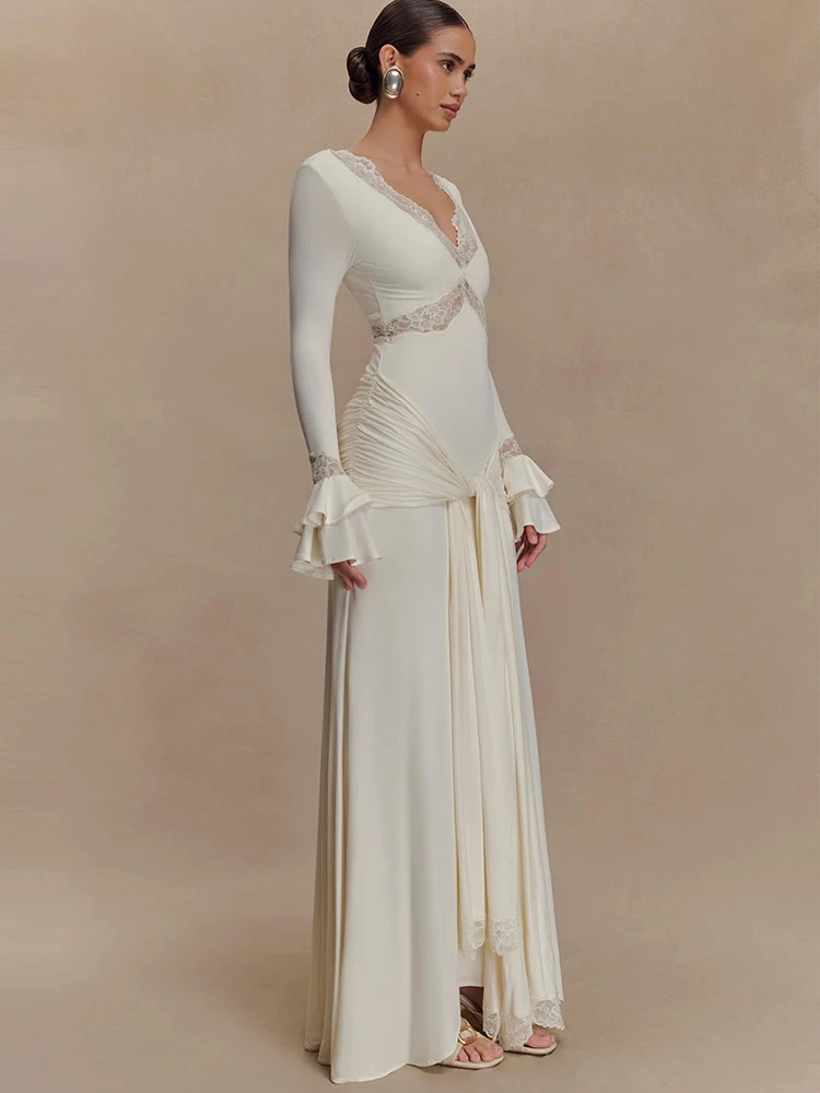 فستان ماكسي Sibybo بأكمام مضيئة ثنيات مكشكشة للنساء من الدانتيل المرقعة ورقبة على شكل V فساتين ضيقة أنيقة ومثيرة للحفلات