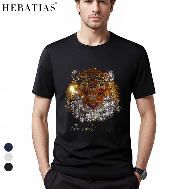 Hot Men's Summer T-shirt Colorful Hot Drill Tiger Head Cotton Casual Loose T-shirt