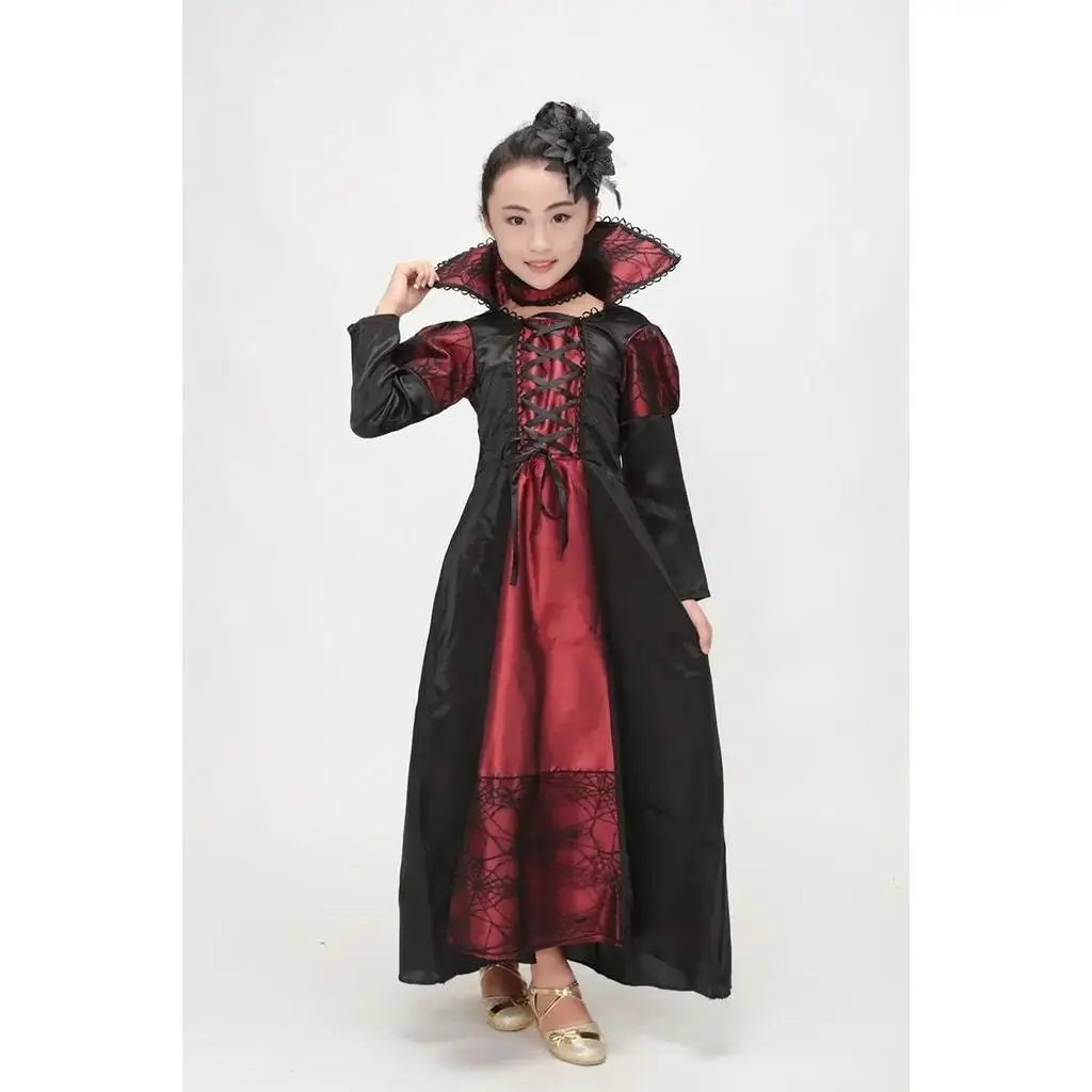 Boys Girls Dual Style Vampire Costume Complete Outfit Long Dress Cape Vest Cloak For Halloween Matching Theme Party Cosplay