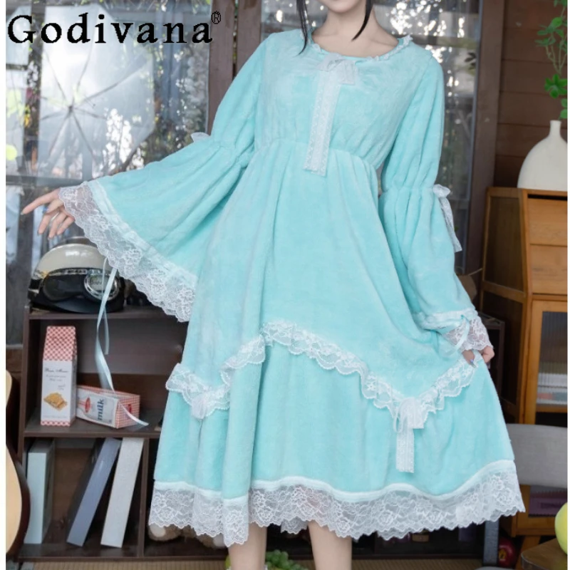Lolita Women's Autumn Winter Round Neck Loose Age-reducing Coral Fleece Nightdress Cute Lace Splicing Pajamas Princess Dress