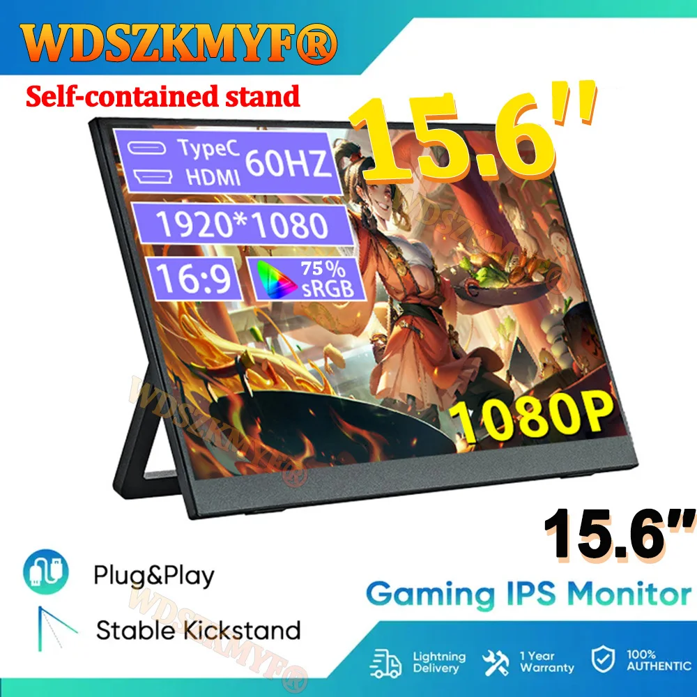

15.6” Portable IPS Panel Secondary Display Computer Monitor FHD 1080P 16:9 Type-C HDMI For Cell phone Xbox Switch Laptop