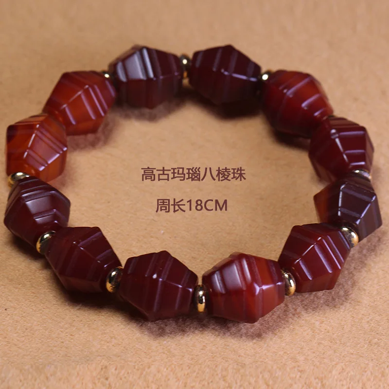 Red Agate Eight-Sided Bead Vintage Multi-Faceted Bracelet Unisex 18Cm Jewelry